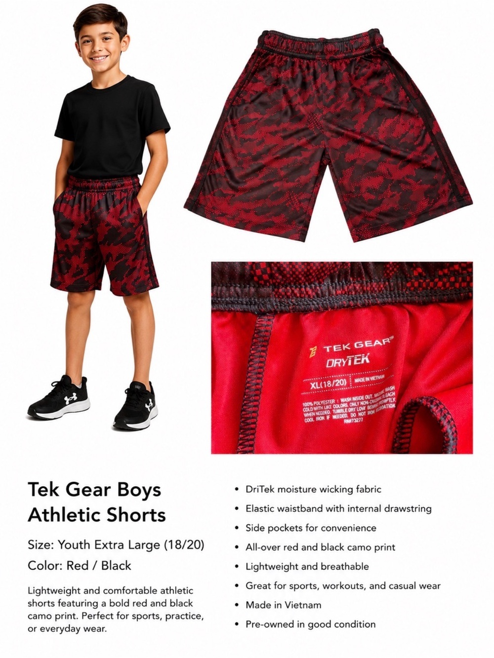 tek gear Red and Black Camo Boys Athletic Shorts